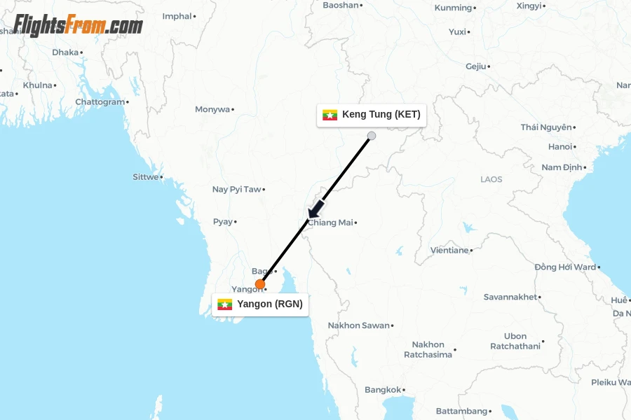 Flights from Keng Tung to Yangon route map