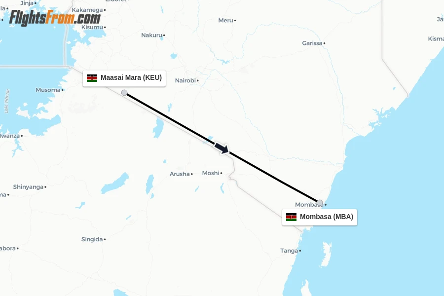 Flights from Maasai Mara to Mombasa route map