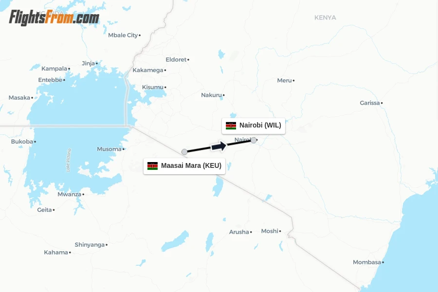 Flights from Maasai Mara to Nairobi route map