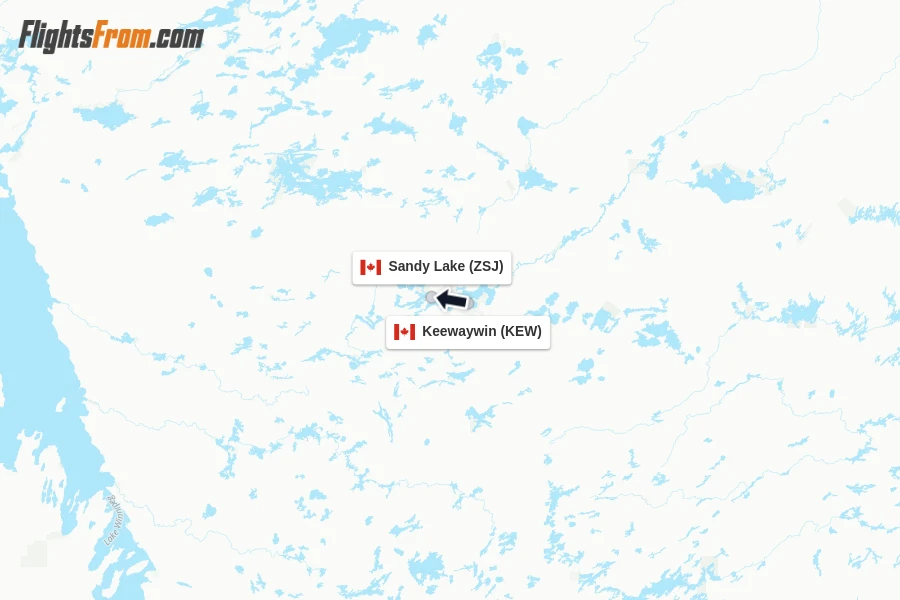 Flights from Keewaywin to Sandy Lake route map