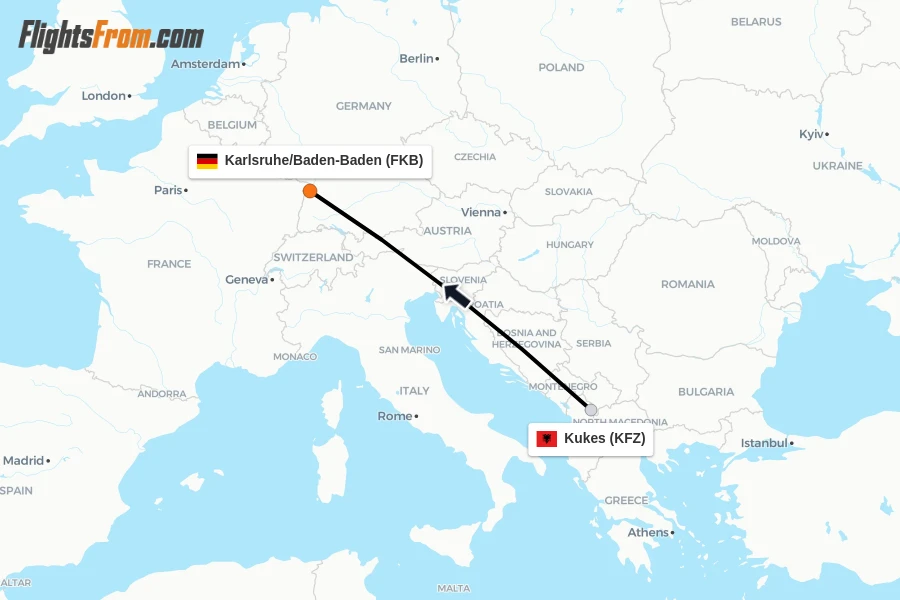 Flights from Kukes to Karlsruhe/Baden-Baden route map