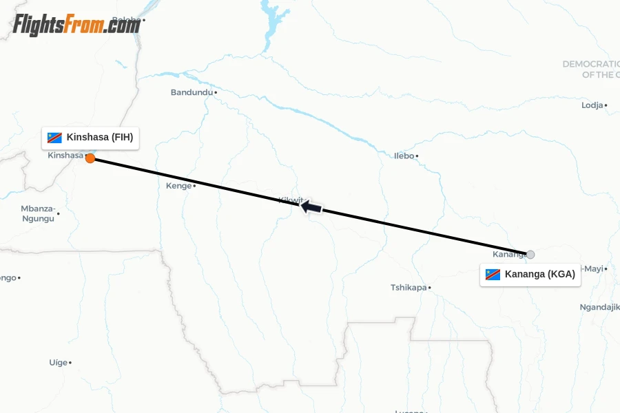 Flights from Kananga to Kinshasa route map