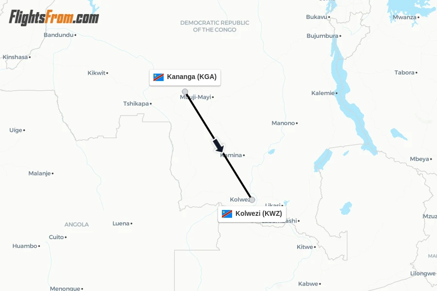 Flights from Kananga to Kolwezi route map