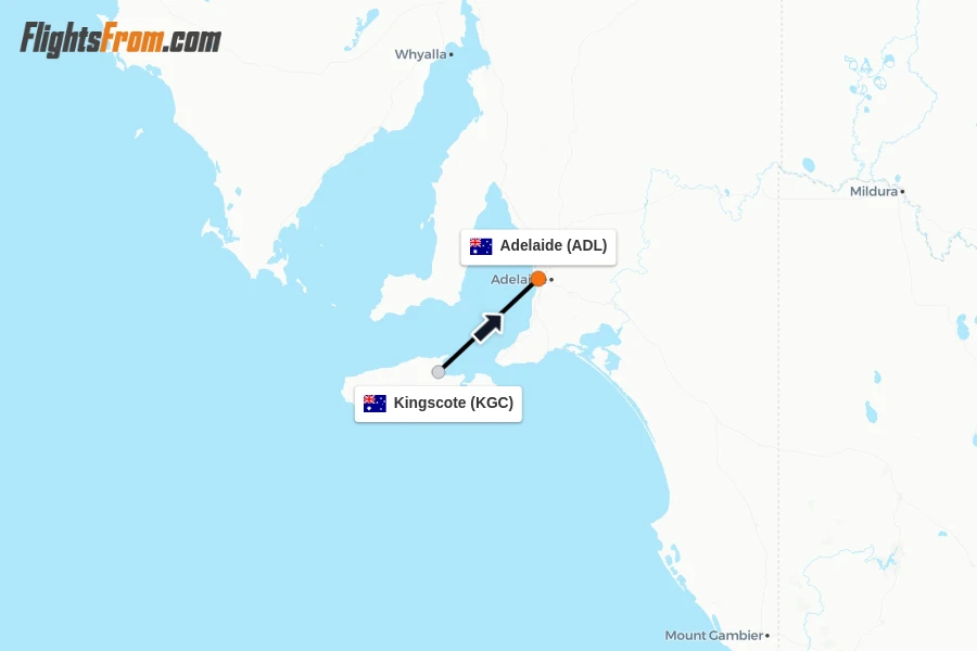 Flights from Kingscote to Adelaide route map