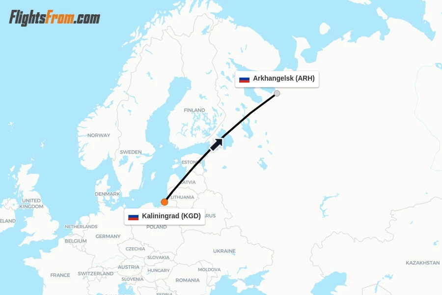 Flights from Kaliningrad to Arkhangelsk route map