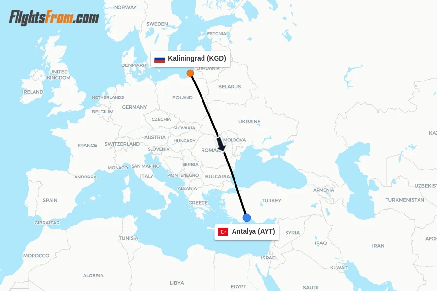 Flights from Kaliningrad to Antalya route map