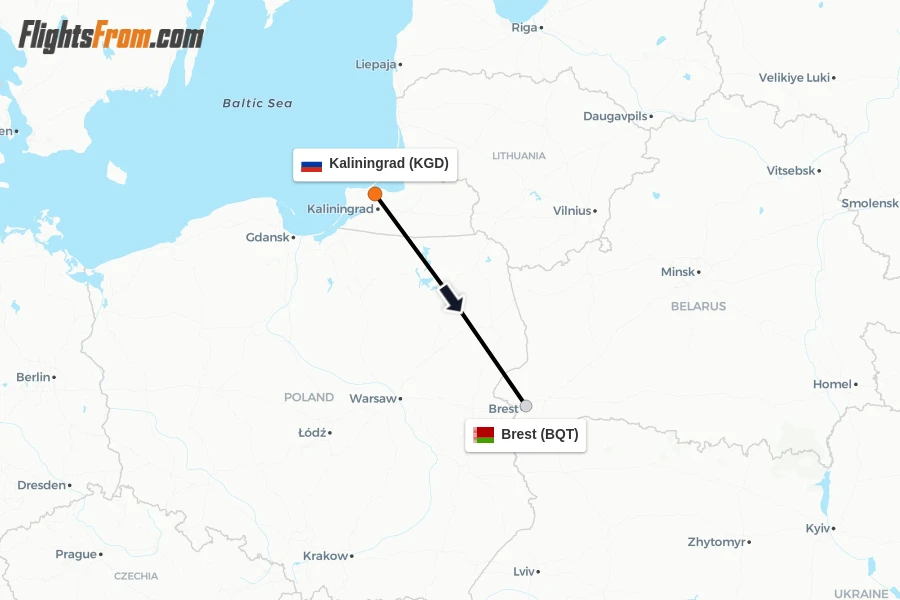 Flights from Kaliningrad to Brest route map