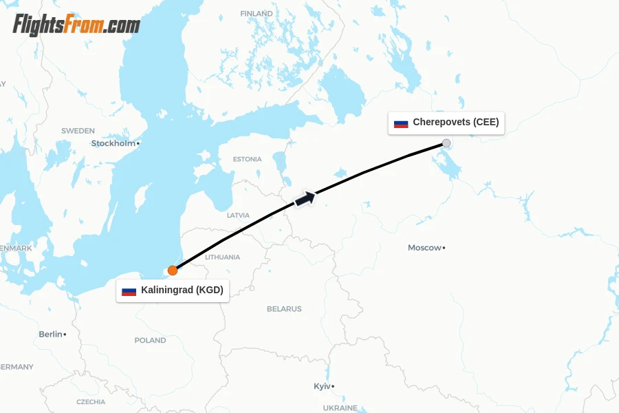 Flights from Kaliningrad to Cherepovets route map