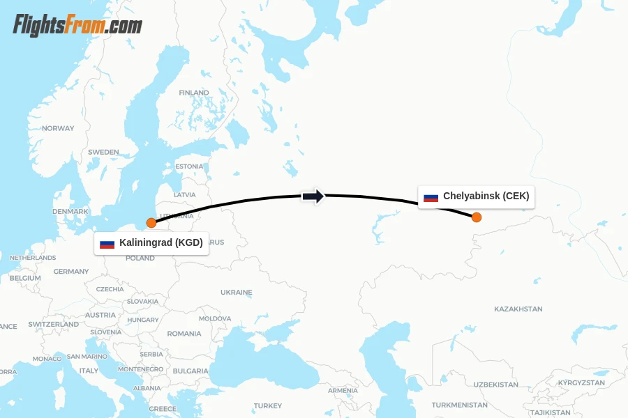 Flights from Kaliningrad to Chelyabinsk route map