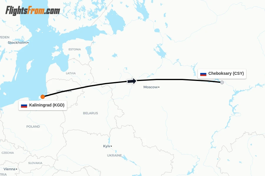 Flights from Kaliningrad to Cheboksary route map