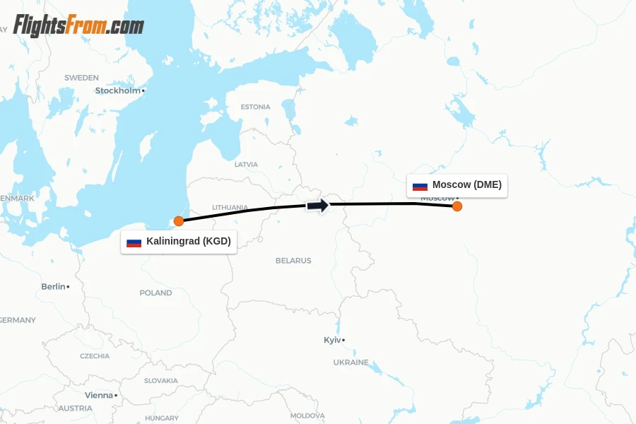 Flights from Kaliningrad to Moscow route map