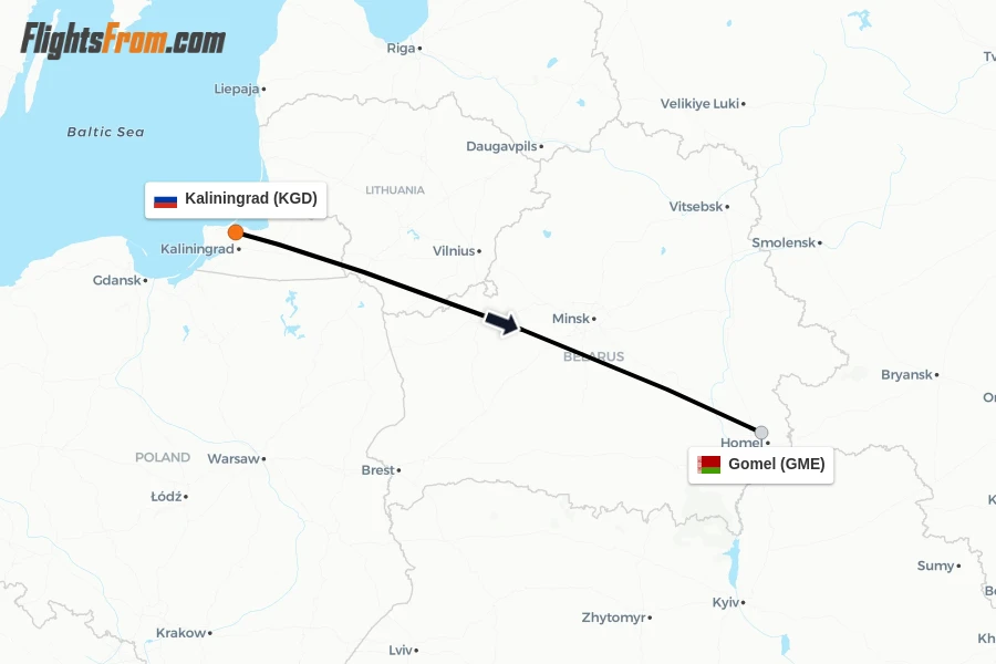 Flights from Kaliningrad to Gomel route map