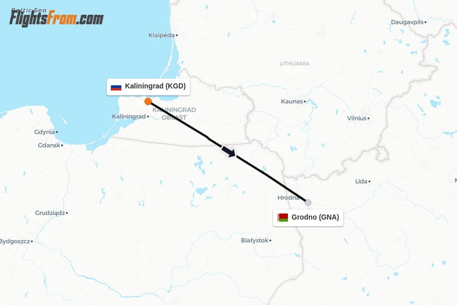 Flights from Kaliningrad to Grodno route map