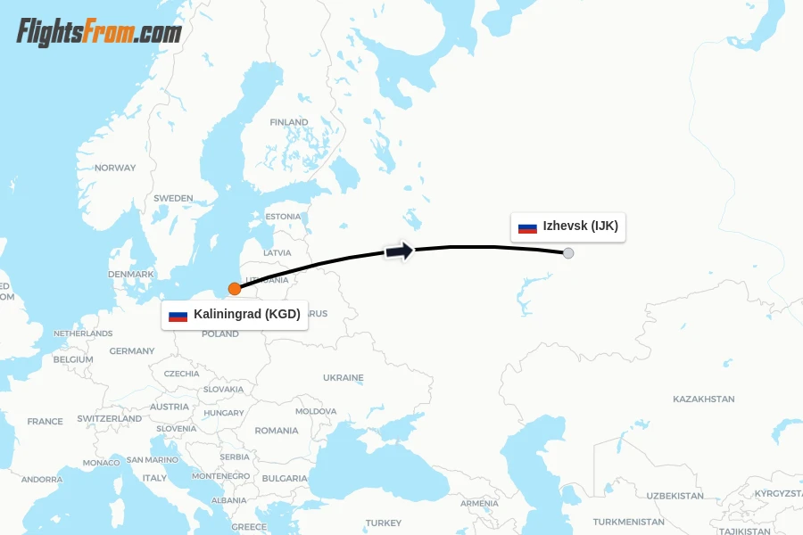 Flights from Kaliningrad to Izhevsk route map