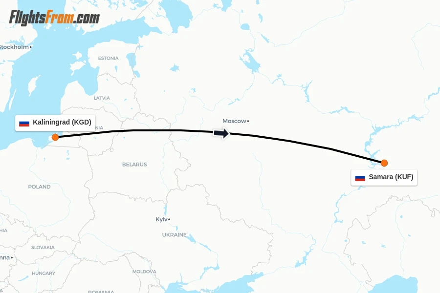 Flights from Kaliningrad to Samara route map