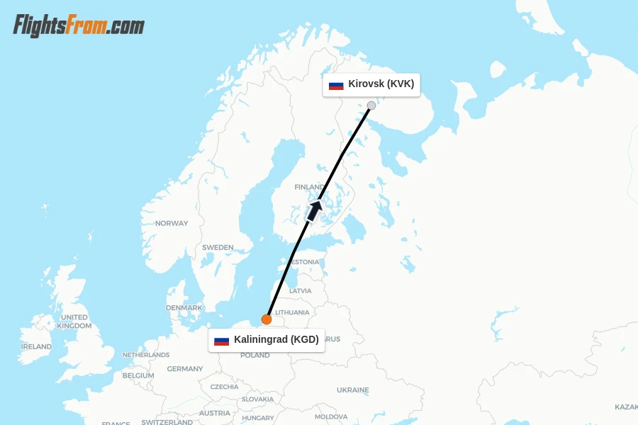 Flights from Kaliningrad to Kirovsk route map
