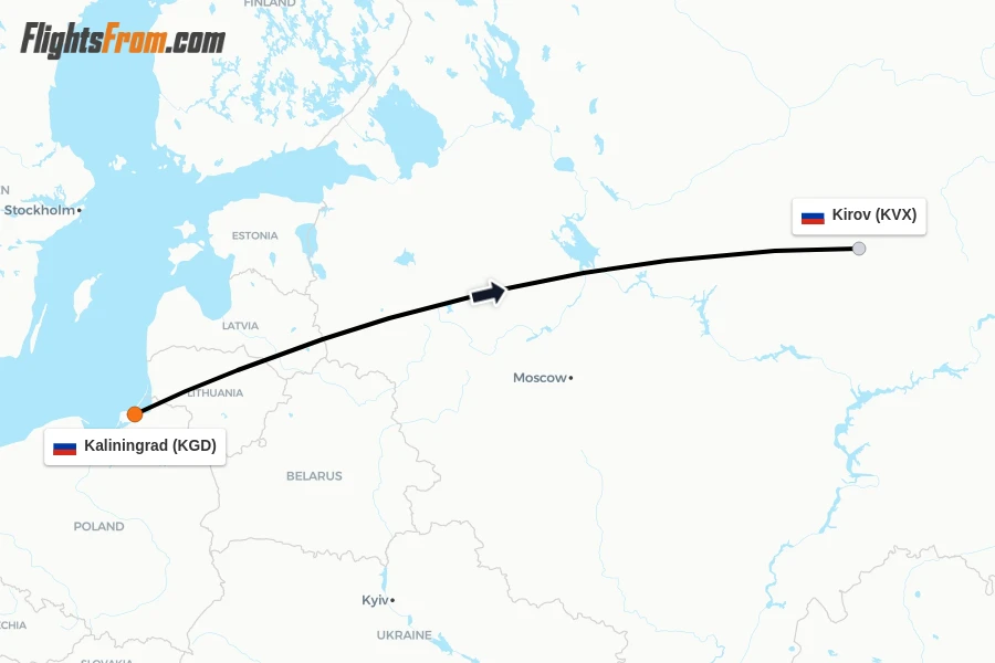 Flights from Kaliningrad to Kirov route map