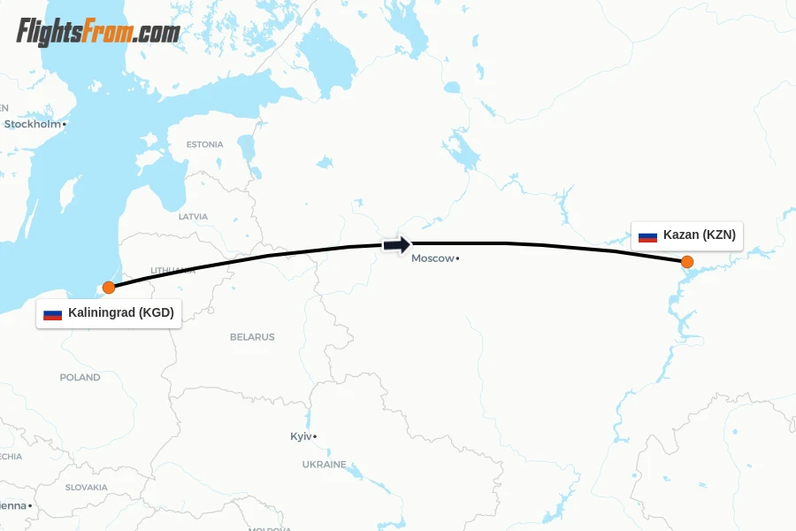 Flights from Kaliningrad to Kazan route map