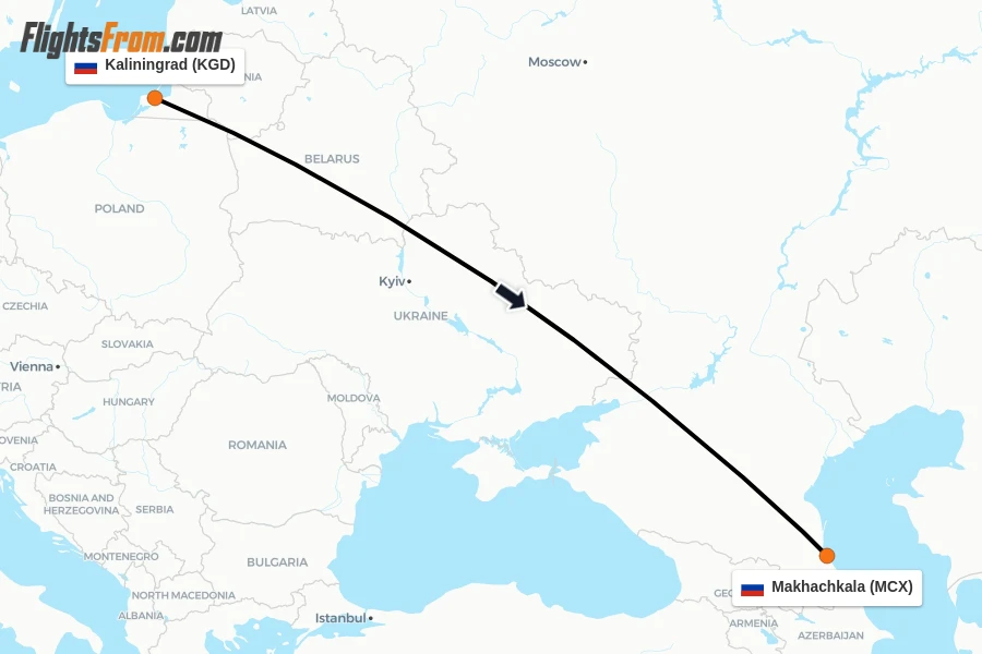 Flights from Kaliningrad to Makhachkala route map