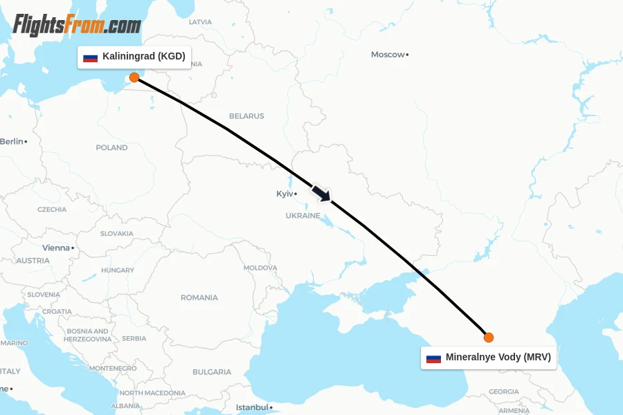 Flights from Kaliningrad to Mineralnye Vody route map