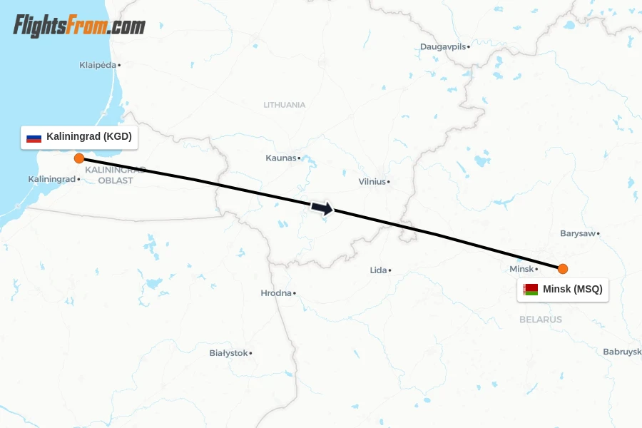 Flights from Kaliningrad to Minsk route map