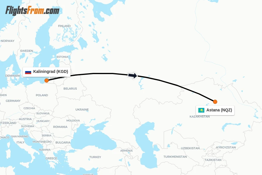 Flights from Kaliningrad to Astana route map