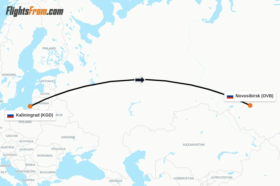 Flights from Kaliningrad to Novosibirsk route map
