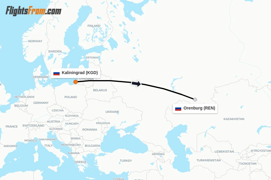 Flights from Kaliningrad to Orenburg route map