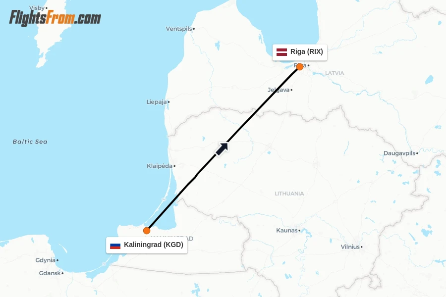 Flights from Kaliningrad to Riga route map