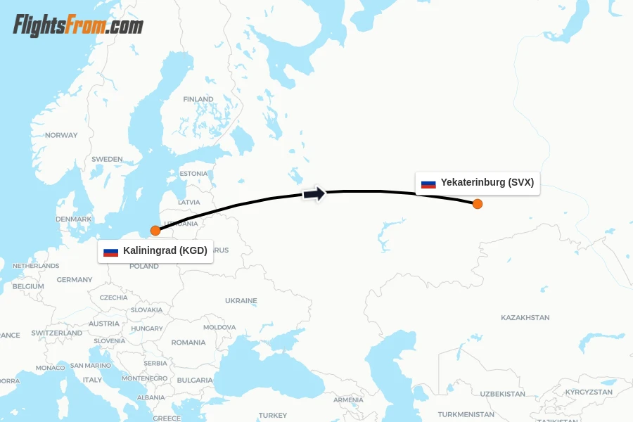 Flights from Kaliningrad to Yekaterinburg route map