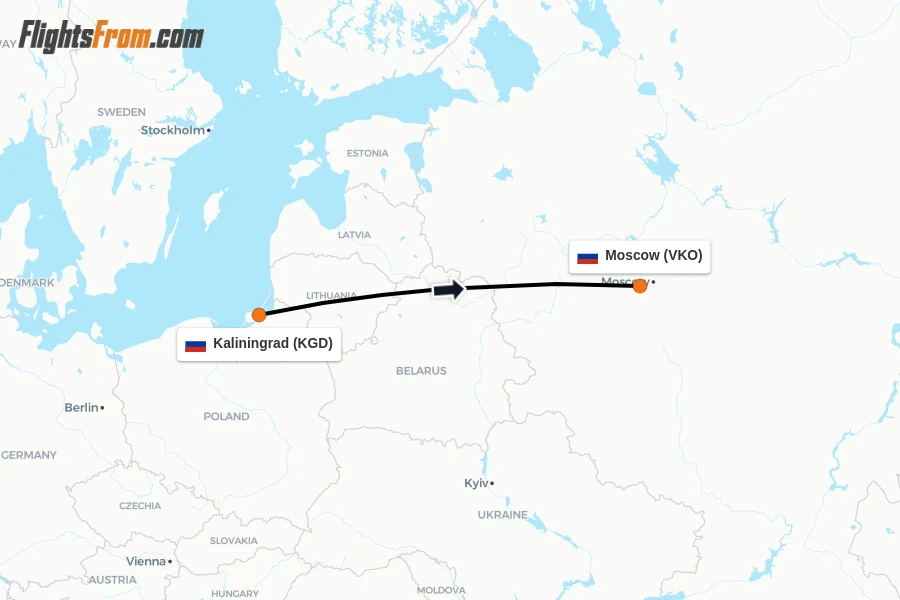 Flights from Kaliningrad to Moscow route map