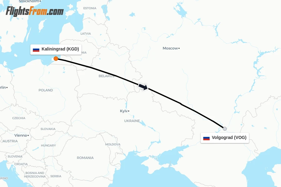 Flights from Kaliningrad to Volgograd route map