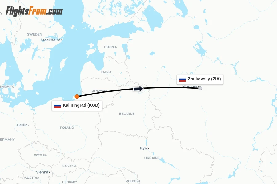 Flights from Kaliningrad to Zhukovsky route map