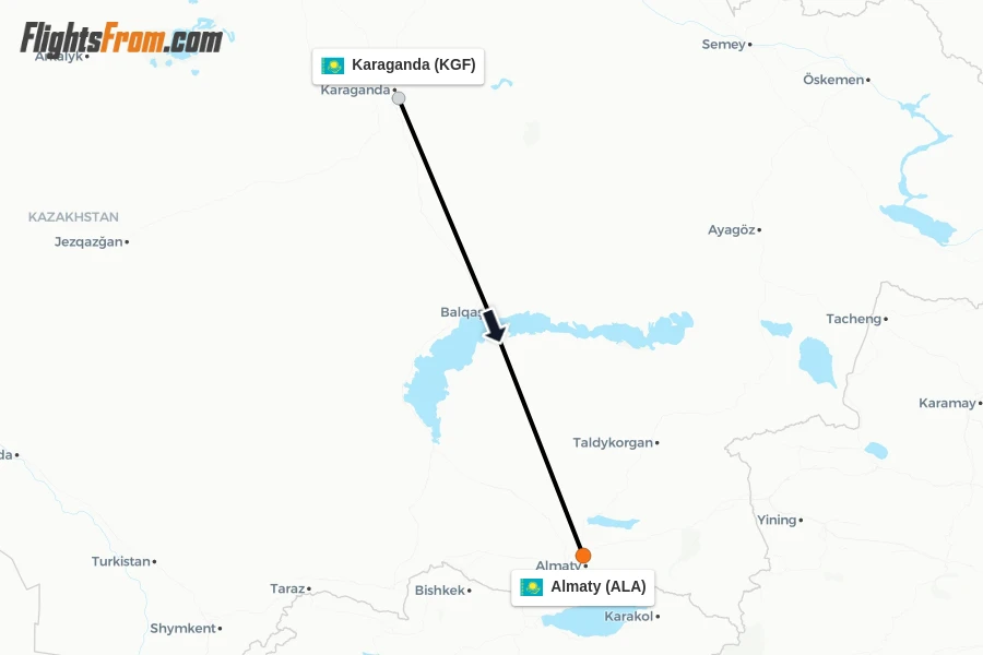 Flights from Karaganda to Almaty route map