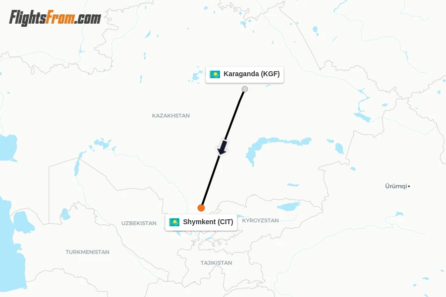 Flights from Karaganda to Shymkent route map