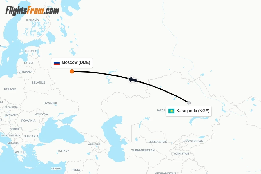 Flights from Karaganda to Moscow route map