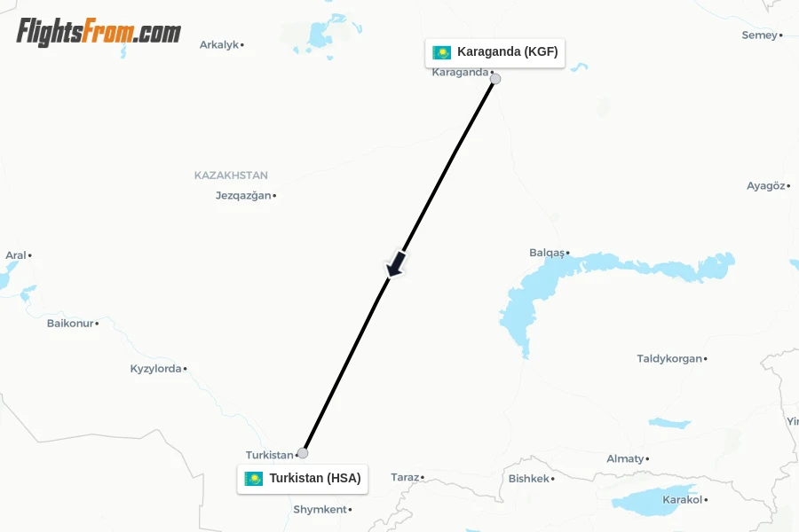 Flights from Karaganda to Turkistan route map