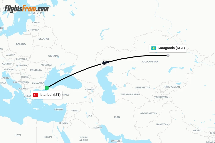 Flights from Karaganda to Istanbul route map