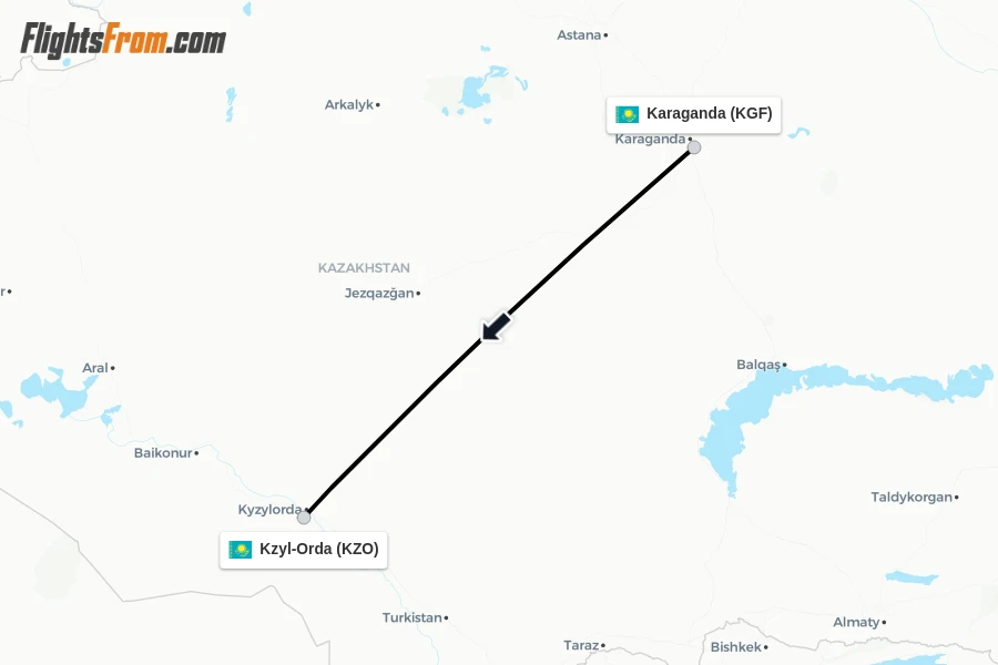 Flights from Karaganda to Kzyl-Orda route map