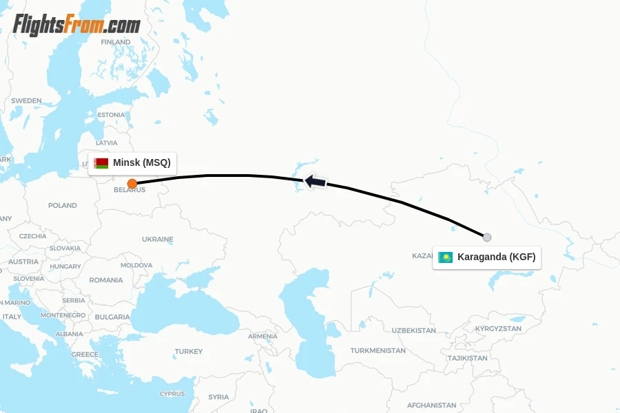 Flights from Karaganda to Minsk route map