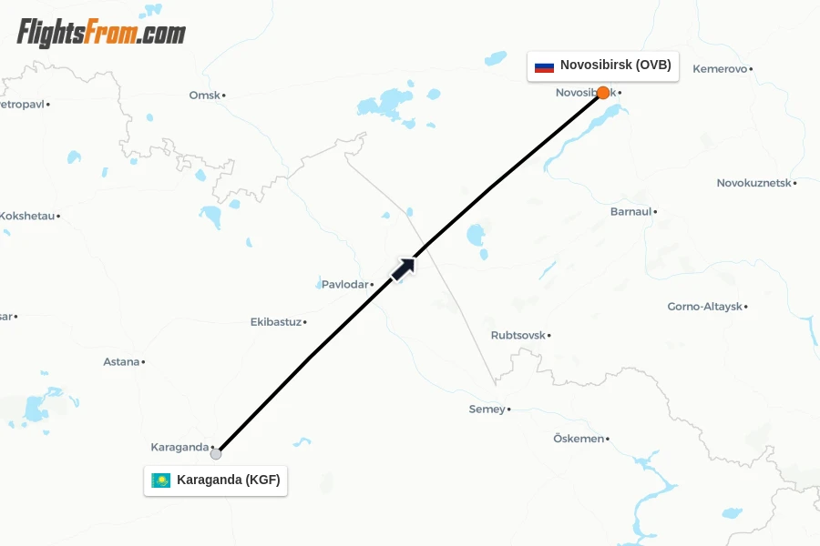 Flights from Karaganda to Novosibirsk route map
