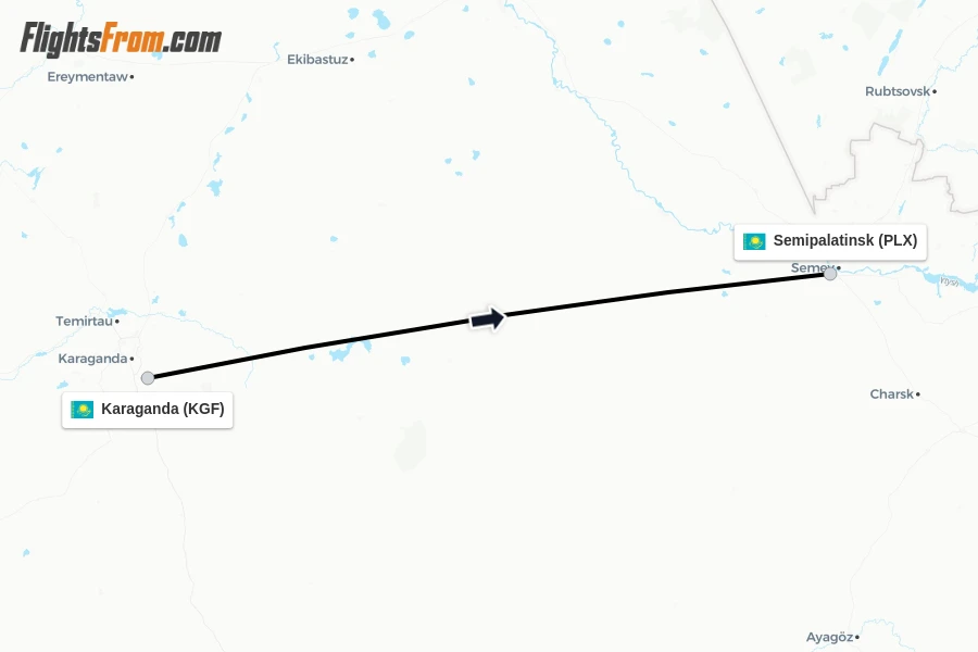 Flights from Karaganda to Semipalatinsk route map