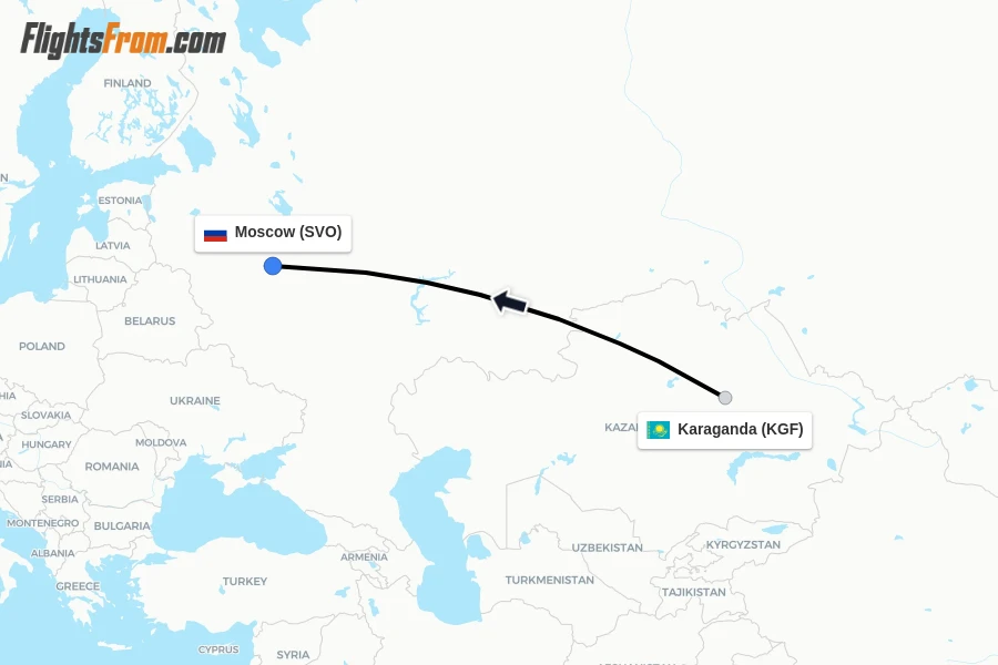 Flights from Karaganda to Moscow route map