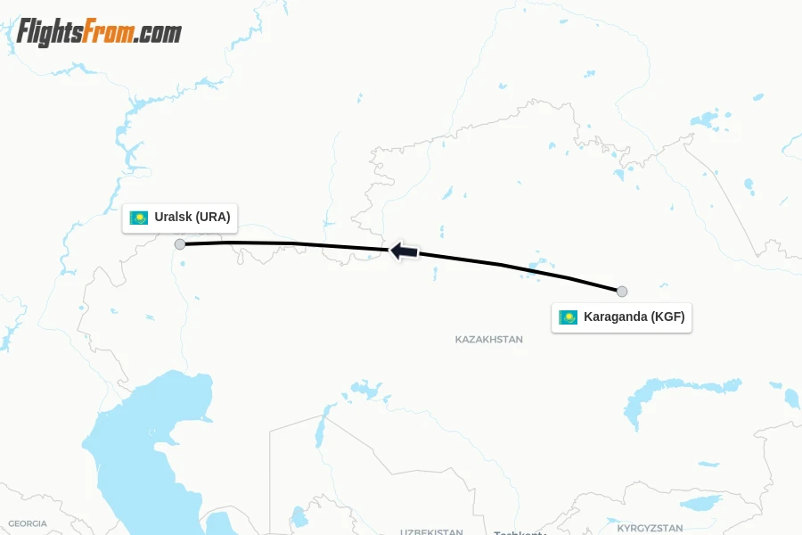Flights from Karaganda to Uralsk route map