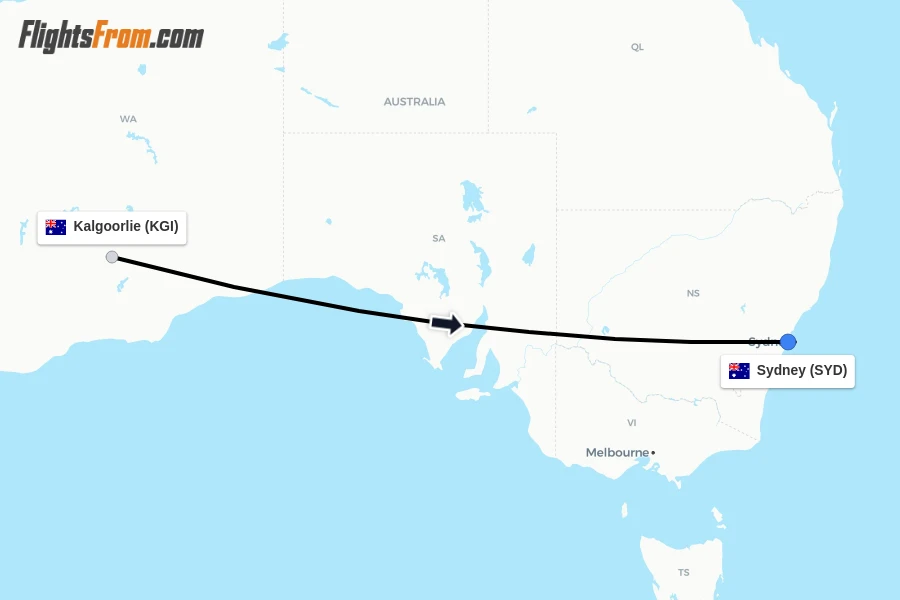 Flights from Kalgoorlie to Sydney route map
