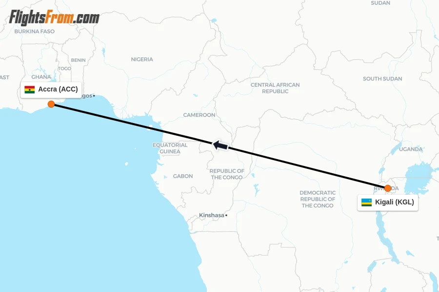 Flights from Kigali to Accra route map