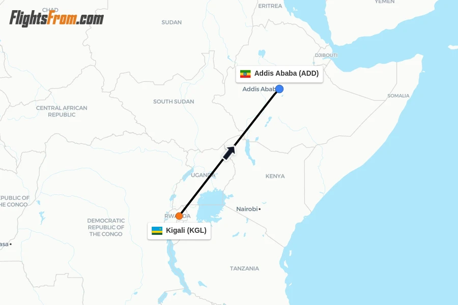 Flights from Kigali to Addis Ababa route map