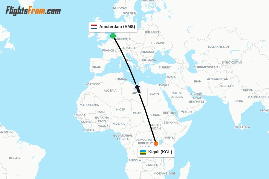 Flights from Kigali to Amsterdam route map