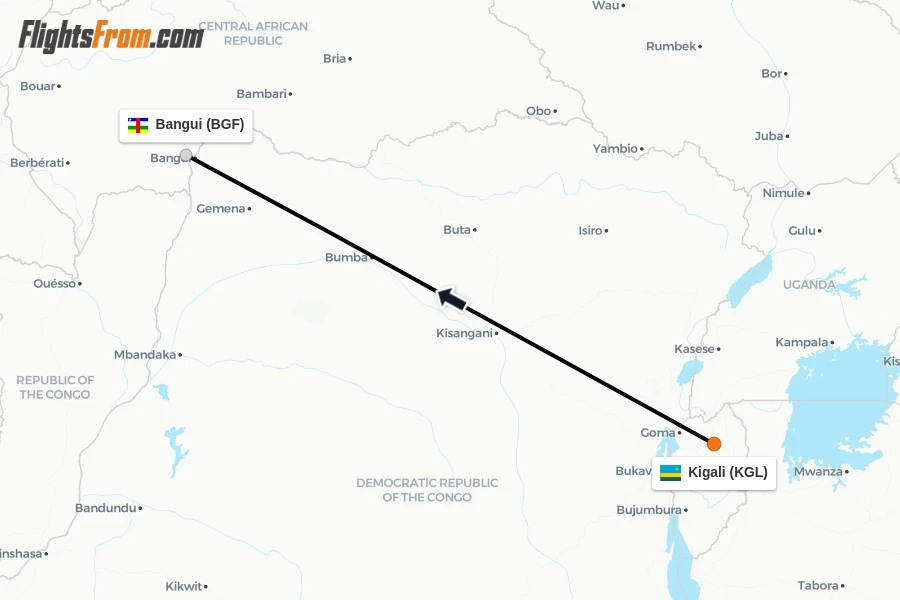 Flights from Kigali to Bangui route map
