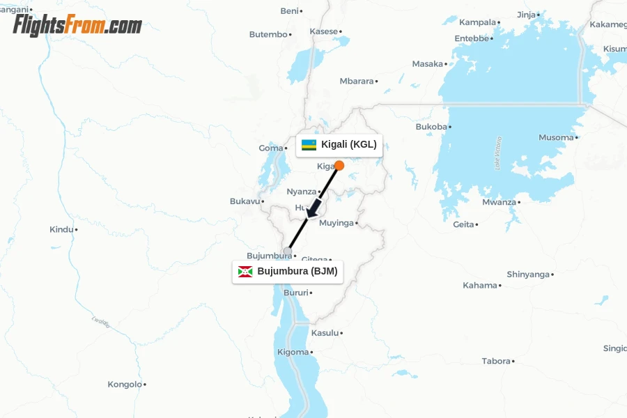 Flights from Kigali to Bujumbura route map